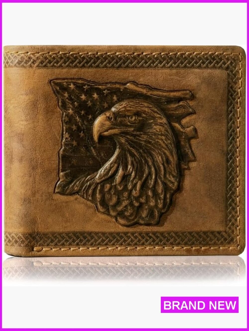 Men's Bifold Leather Wallet RFID Protection Vintage Tan Eagle Flag Design